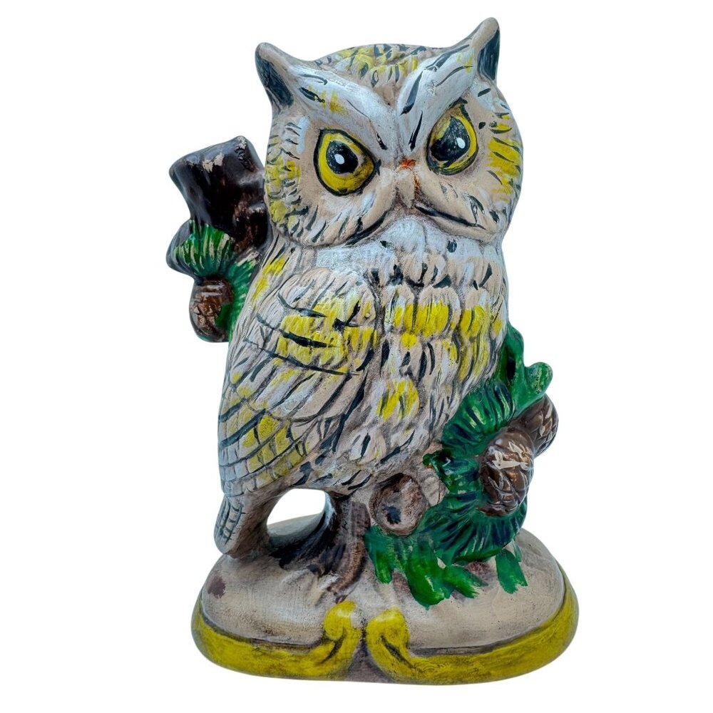 Vintage Hand-Painted Ceramic Owl Figurine With Intricate Details & Vivid Colors